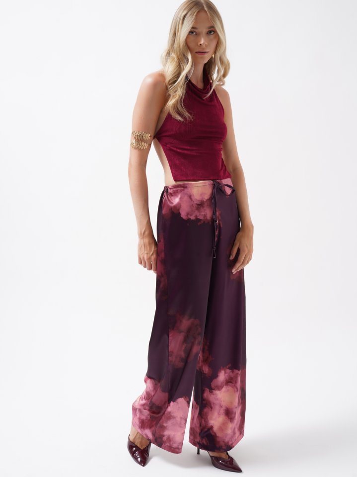 Bel Lastikli Desenli Saten Pantolon