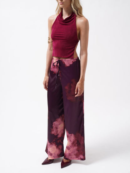 Bel Lastikli Desenli Saten Pantolon