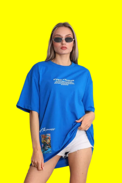 Unisex Bisiklet Yaka Baskılı Oversize T-Shirt - Mavi
