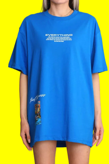 Unisex Bisiklet Yaka Baskılı Oversize T-Shirt - Mavi