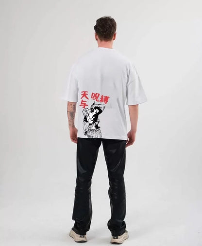 Unisex Bisiklet Yaka Baskılı Oversize T-Shirt - Beyaz