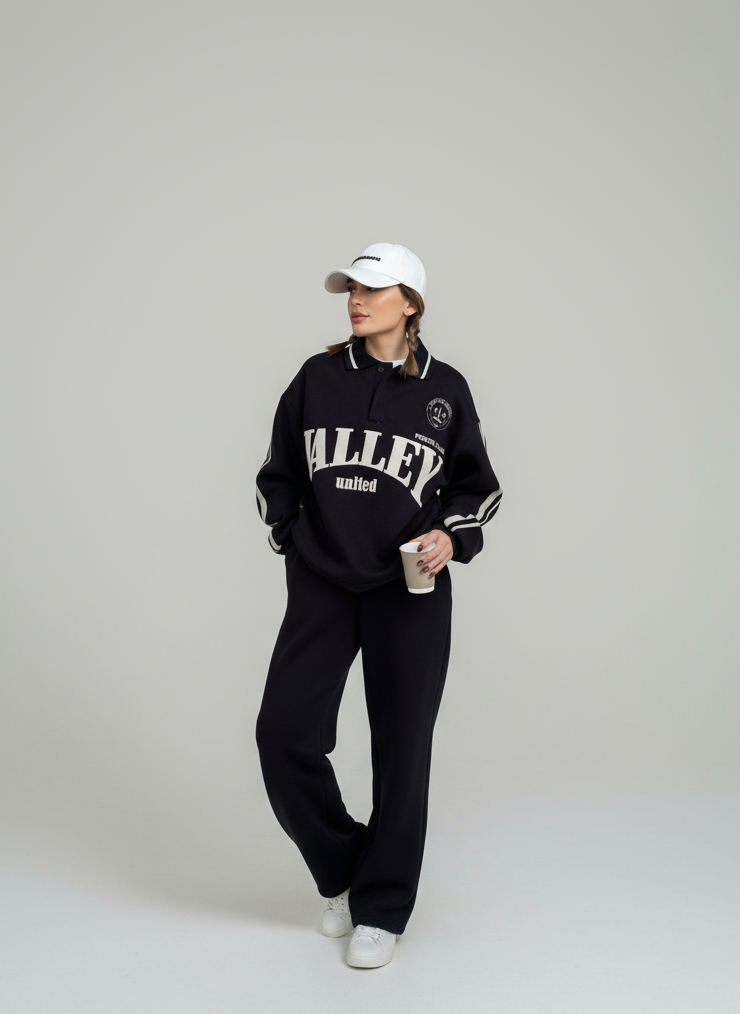 Üç İplik Yakalı Sweat Baggy Pantalonlu Takım - Siyah