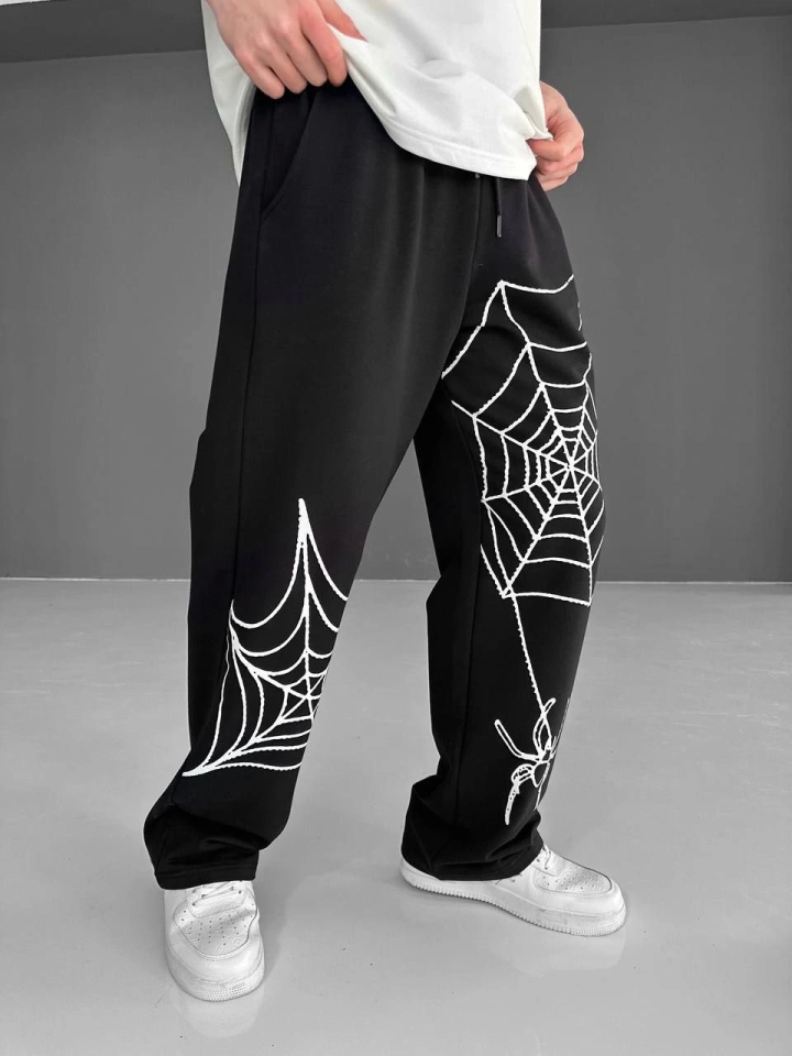 İki İplik Kumaş Örümcek Baskılı Esofman - Siyah