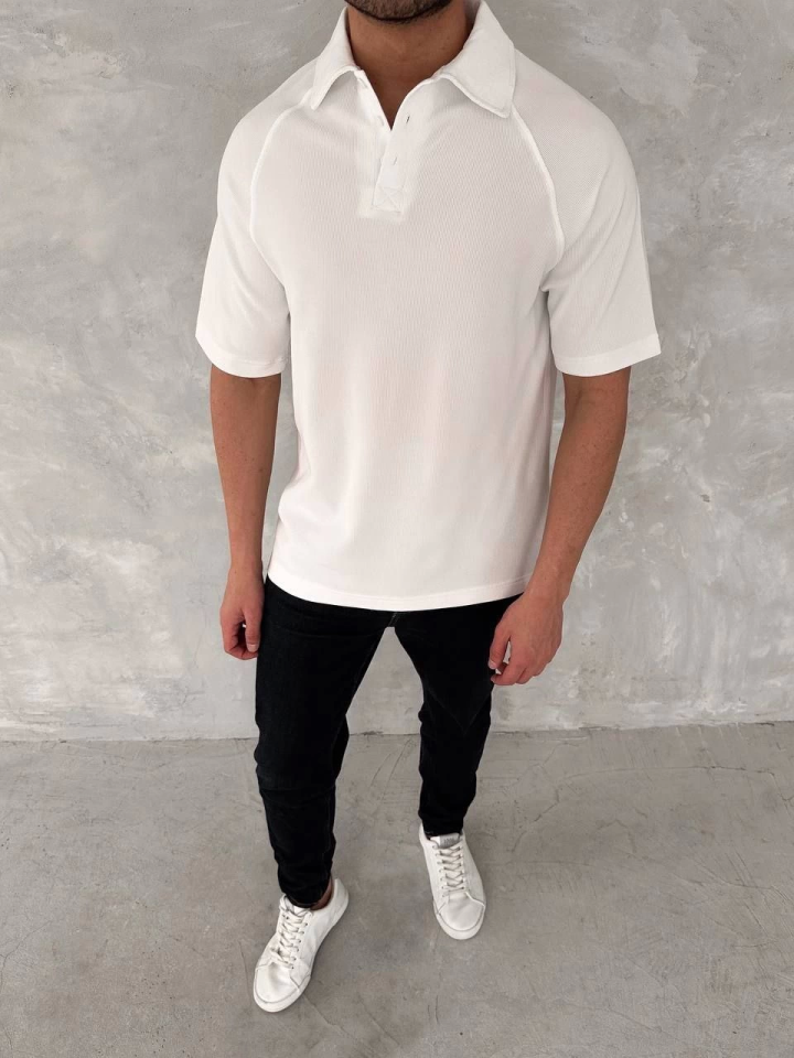 Yakalı Patlı Kısa Kol T-shirt - Beyaz