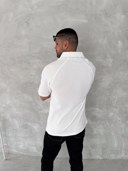 Yakalı Patlı Kısa Kol T-shirt - Beyaz