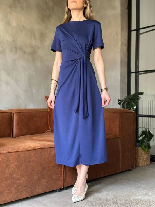 Osy Modal Yumuşak Dokulu Kumaş Yandan Bağlamalı Elbise - Lacivert