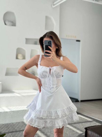 Fırfırlı Askılı Mini Elbise - Beyaz