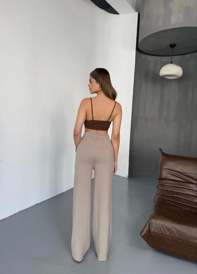 Osy Modal Yumuşak Dokulu Kumaş Nakış Işlemeli Rahat Bol Paça Eşofman Pantalon - Bej