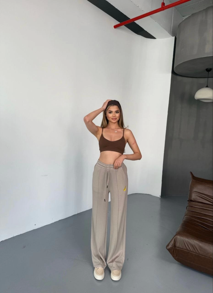 Osy Modal Yumuşak Dokulu Kumaş Nakış Işlemeli Rahat Bol Paça Eşofman Pantalon - Bej