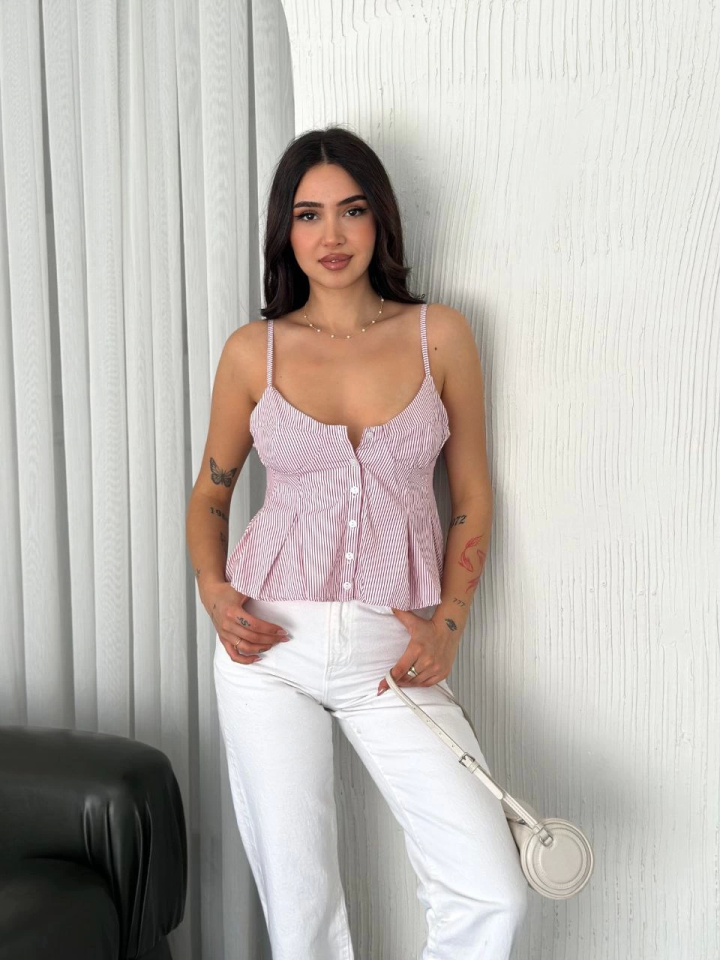 Askılı Dekolte Deraylı Crop - Kırmızı