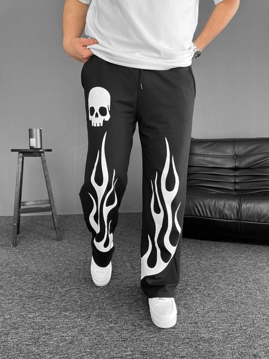 İki İplik Baskılı Kumaş Baggy Alt Esofman - Siyah