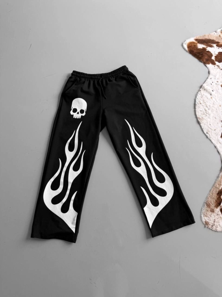 İki İplik Baskılı Kumaş Baggy Alt Esofman - Siyah