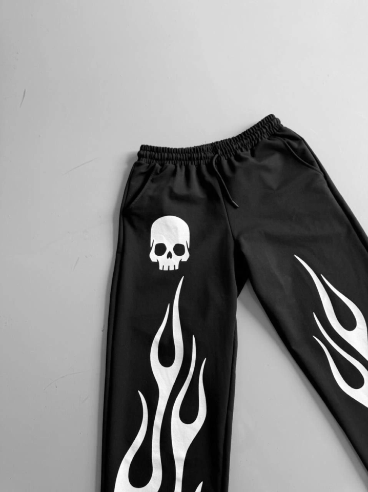 İki İplik Baskılı Kumaş Baggy Alt Esofman - Siyah