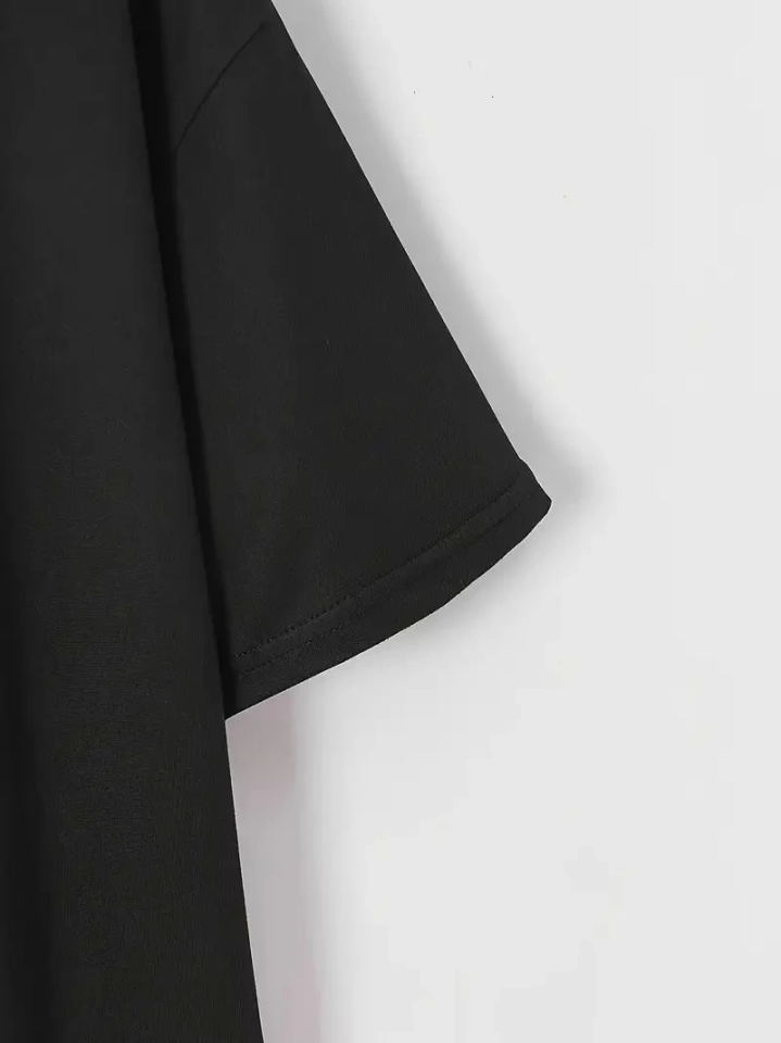 Baskılı Oversize Bisiklet Yaka T-shirt - Siyah