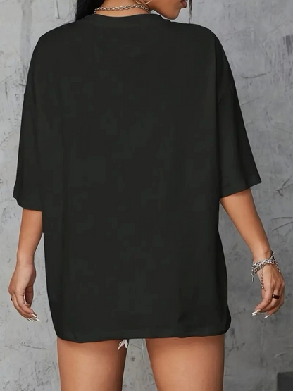 Baskılı Oversize Bisiklet Yaka T-shirt - Siyah