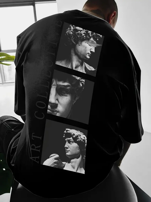 Baskılı Oversize Bisiklet Yaka T-shirt - Siyah