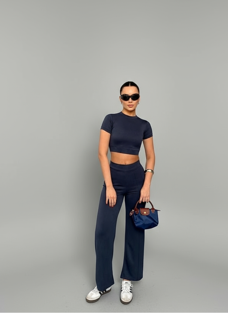 Osy Modal Yumuşak Dokulu Kumaş Kısa Kollu Crop Alt Ispanyol Paça Pantalon Ikili Takım - Füme