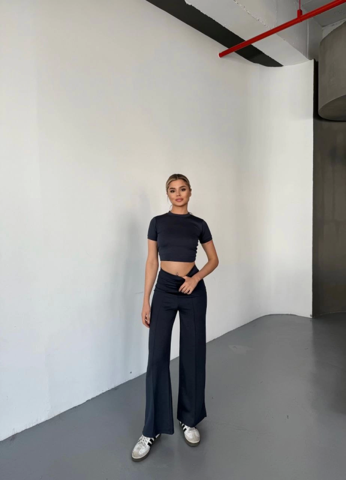 Osy Modal Yumuşak Dokulu Kumaş Kısa Kollu Crop Rahat Pantalon Ikili Takım - Füme