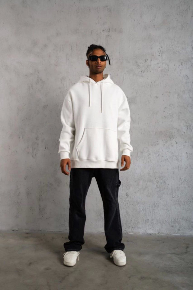 3 İplik Kapşonlu Sweatshirt Hoodie - Beyaz
