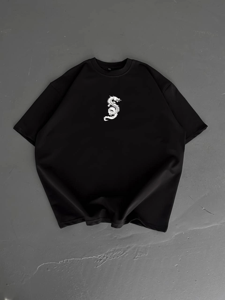 Baskılı Oversize Bisiklet Yaka T-shirt - Siyah