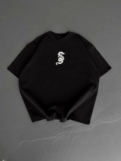 Baskılı Oversize Bisiklet Yaka T-shirt - Siyah