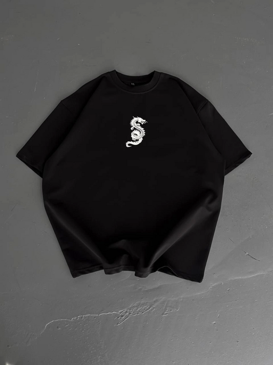 Baskılı Oversize Bisiklet Yaka T-shirt - Siyah