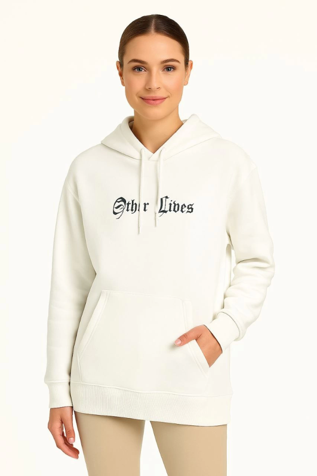 Üç İplik Kapşonlu ön Ve Arka Baskılı SweatShirt Hoodie- Beyaz