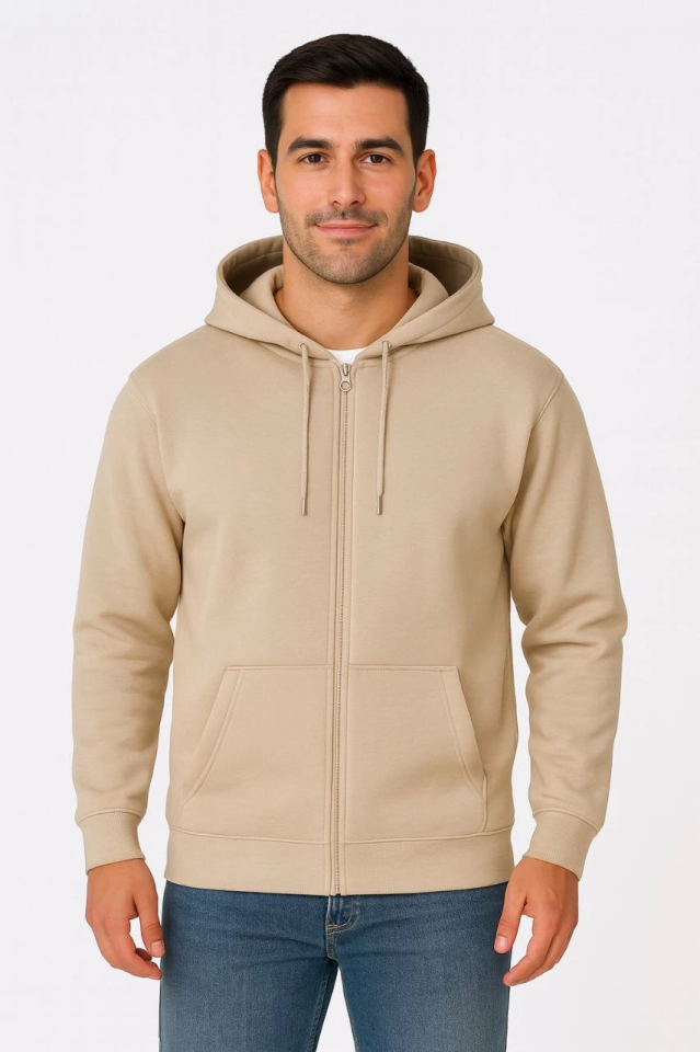 Erkek Üç İplik Kapüşonlu Tam Fermuarlı Kanguru Çepli SweatShirt Hoodie - Bej