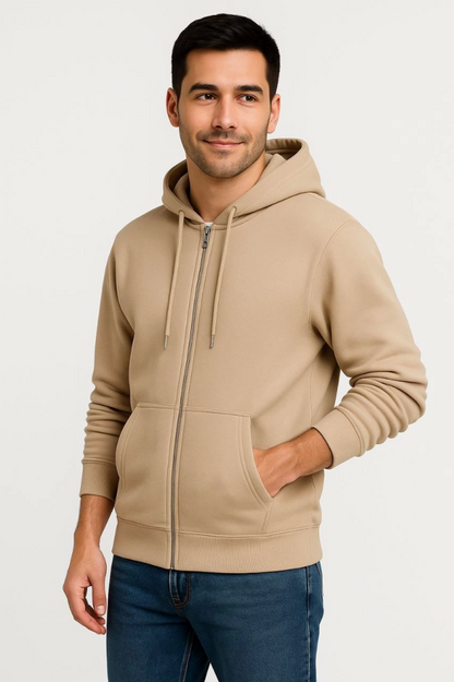Erkek Üç İplik Kapüşonlu Tam Fermuarlı Kanguru Çepli SweatShirt Hoodie - Bej