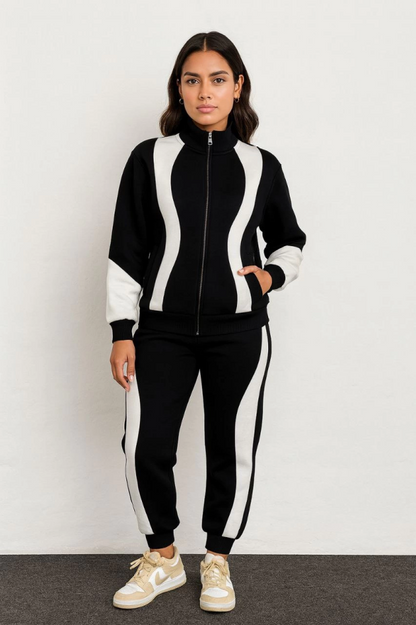 Premium Parçalı Eşofman Takım - Dik Yaka Fermuarlı Sweatshirt - Siyah