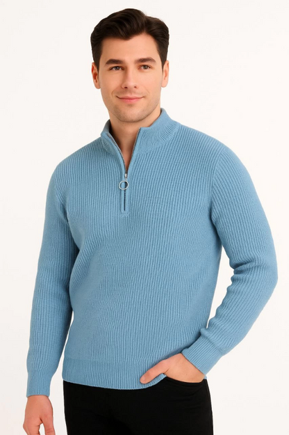 Erkek Yarım Fermuarlı Triko Kazak – Selanik Örgü, Dik Yaka, Pamuklu Dokuma, Regular Fit Uzun Kollu Kışlık Model - Bebe Mavisi