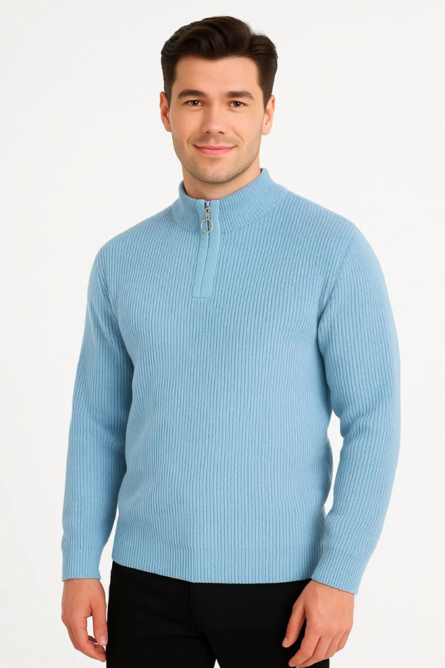 Erkek Yarım Fermuarlı Triko Kazak – Selanik Örgü, Dik Yaka, Pamuklu Dokuma, Regular Fit Uzun Kollu Kışlık Model - Bebe Mavisi