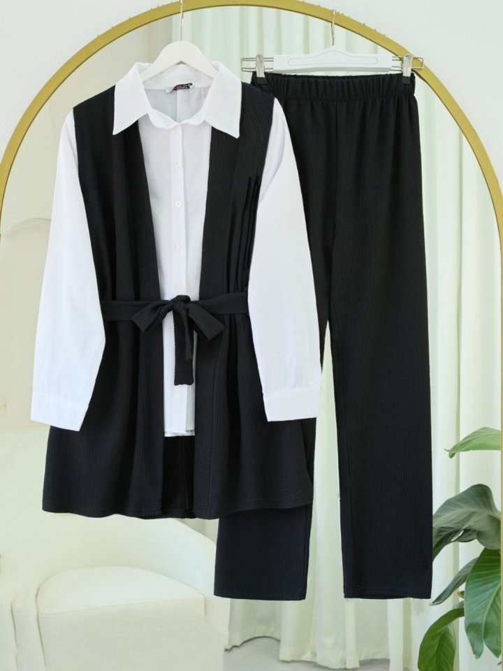 Beli Kemerli Yan Cepli Yelek Pantolon Krinkıl Takım -Siyah