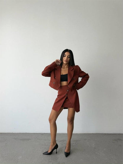 DÜĞME DETAYLI ETEK - CROP CEKET TAKIM - Kiremit