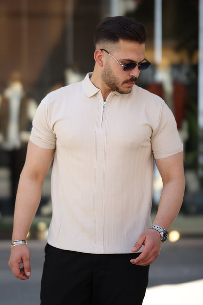 Erkek Yakası Fermuarlı Kısa Kollu T-shirt