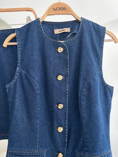 Kolsuz Yelekli Mini Etekli Denim Takım 10164