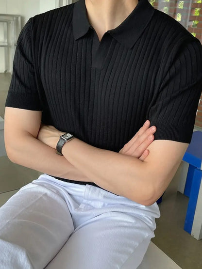 Erkek Kısa Kollu Yakalı çizgi Desenli Triko Bluz