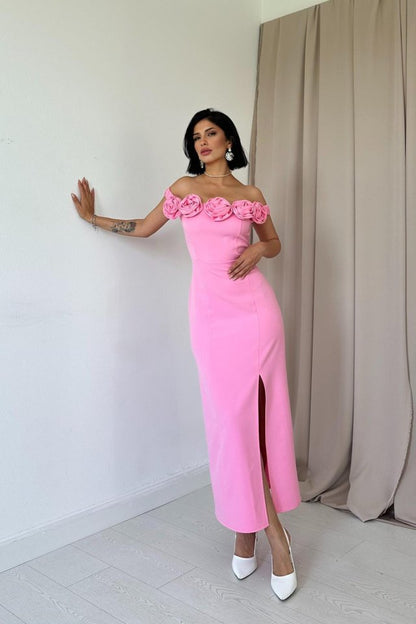 Pembe Madonna Yaka Güllü Elbise