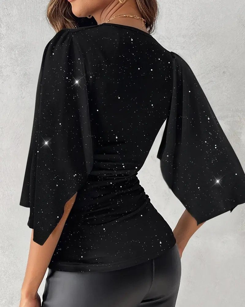 Kadın Truvakar Kollu Kruvaze Yakalı Simli Sandy Bluz