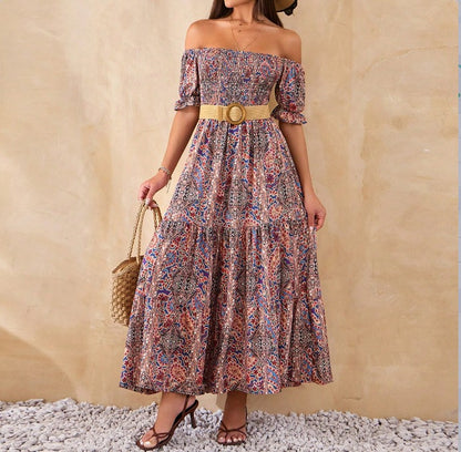 Kadın Kısa Kollu Düşük Omuzlu Beli Büzgülü Dijital Desenli Kesik Elyaf Süprem Uzun Elbise