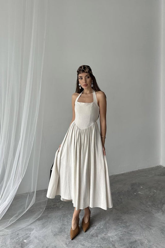 Bej Boyundan Bağlamalı Keten Elbise