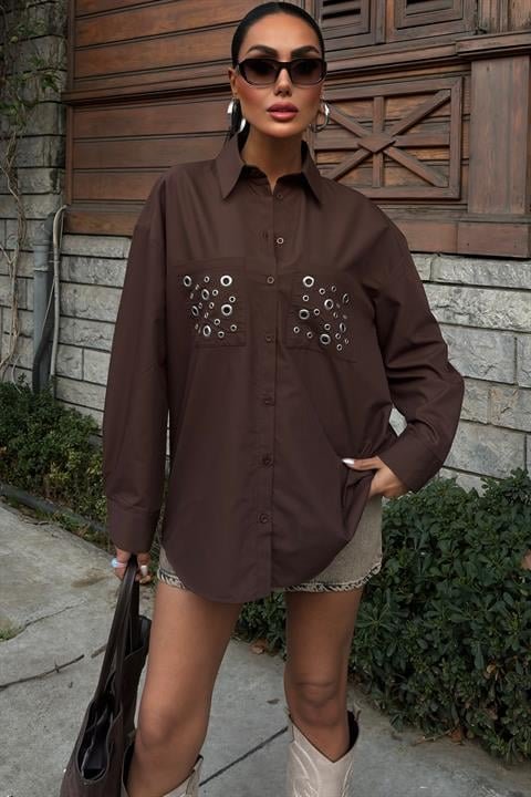 Metal Kuşgözü Detaylı Poplin Gömlek 3453