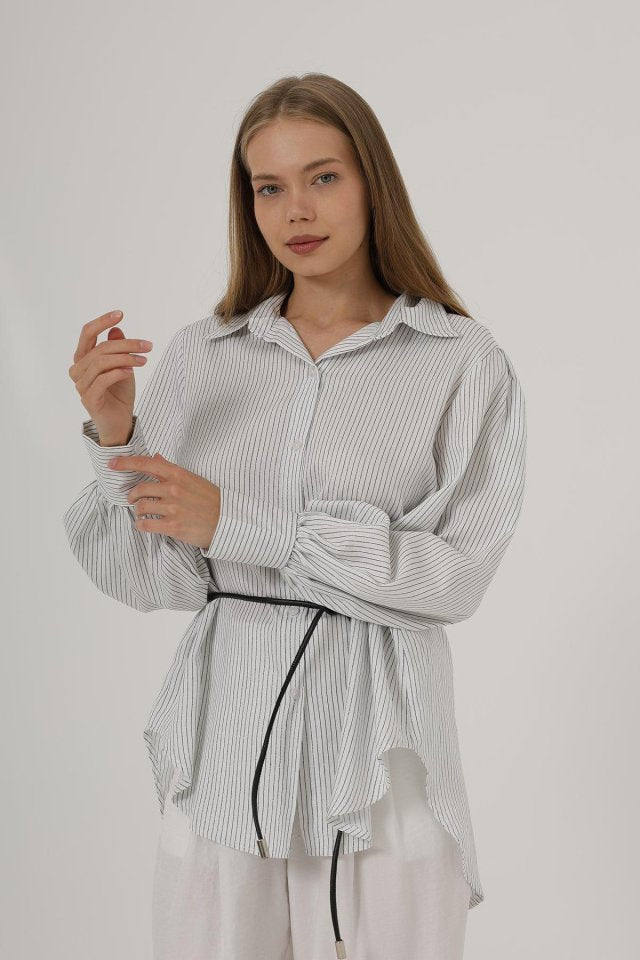 Simli Çizgili Kemerli Gömlek - Beyaz