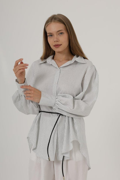 Simli Çizgili Kemerli Gömlek - Beyaz