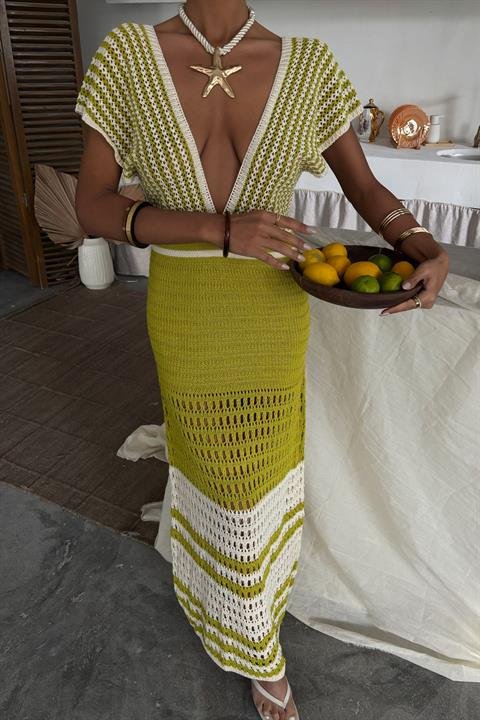 Omuzu Çizgili Ajurlu Triko Elbise 2868