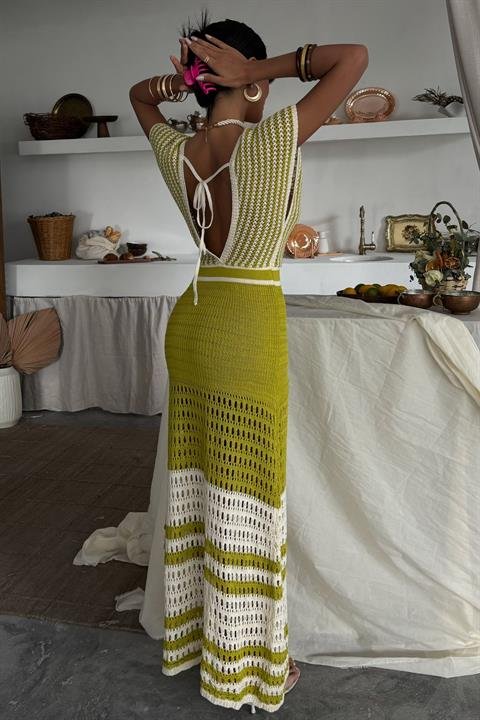 Omuzu Çizgili Ajurlu Triko Elbise 2868