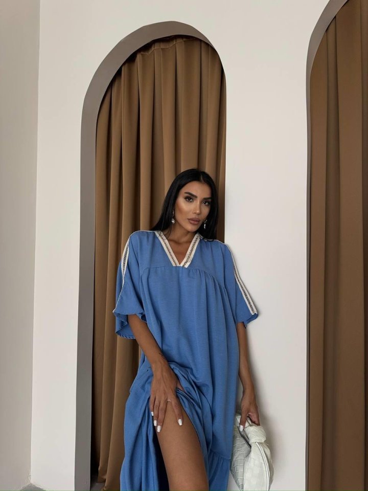 YAKA-KOL HASIR BİYE ŞERİTLİ KETEN SALAŞ ELBİSE - Mavi