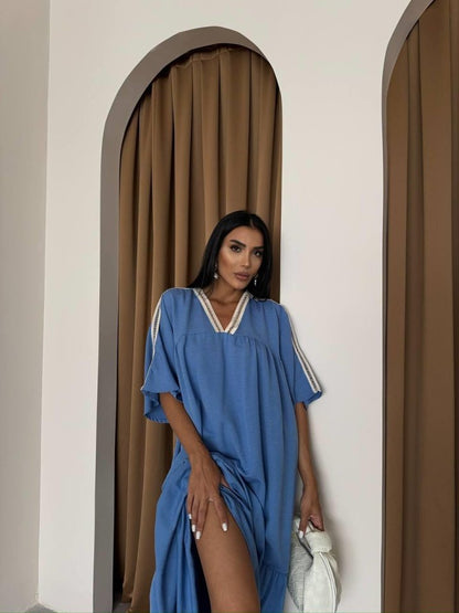 YAKA-KOL HASIR BİYE ŞERİTLİ KETEN SALAŞ ELBİSE - Mavi