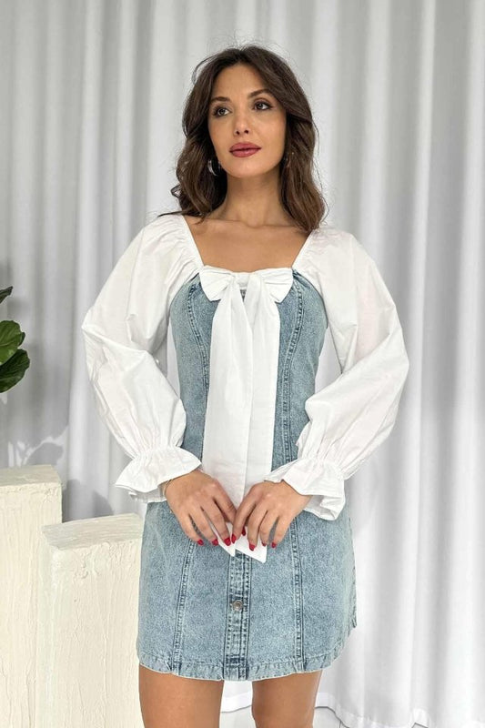 Mavi Önü Fiyoklu Kot Elbise