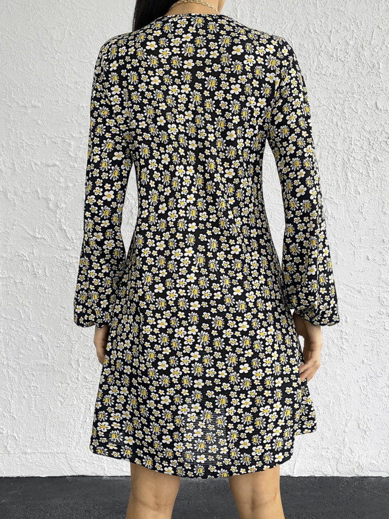 Kadın Uzun Kollu V Yaka çiçek Desenli Helen Kumaş Elbise